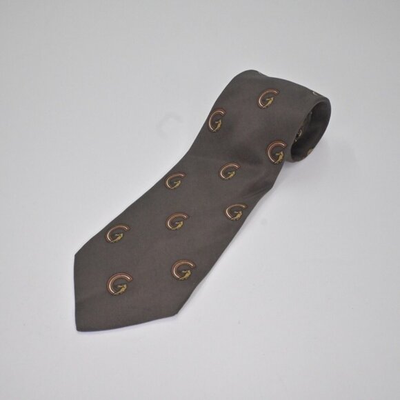Vtg GUCCI Mens Silk Dress Tie Italy Horses Equestrian Logo Brown Orange 70s - Picture 4 of 6